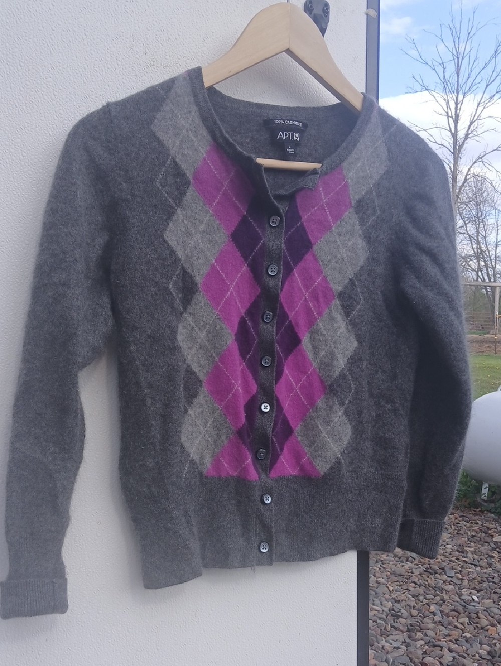 APT. 9 100% Cashmere Gray Cardigan with Purple Argyle Front